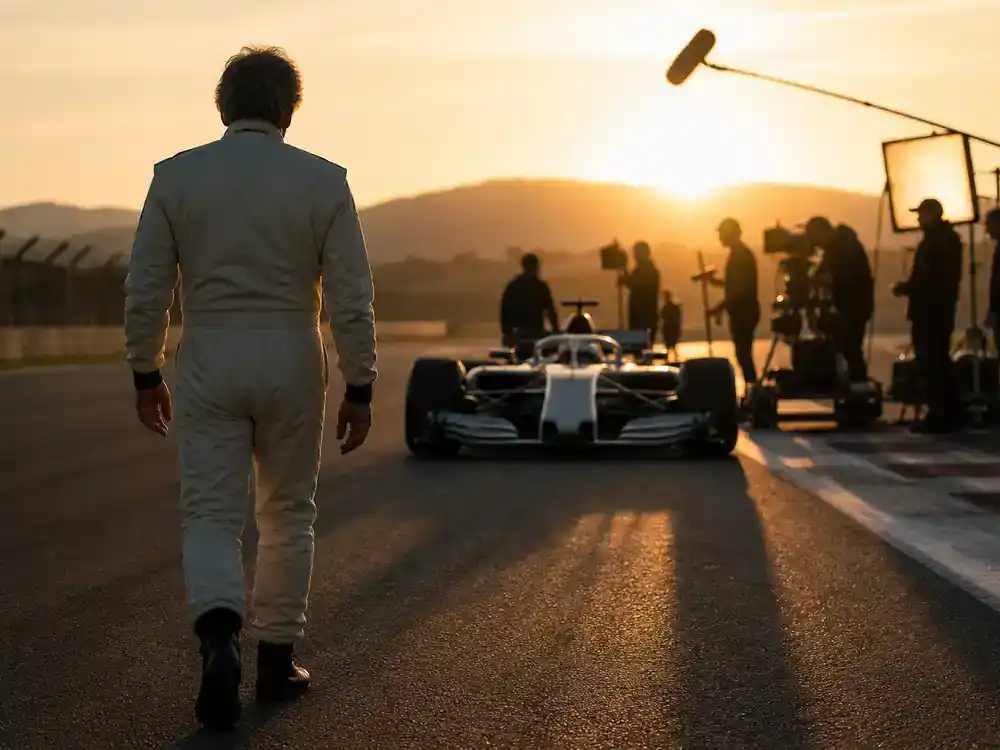 F1 movie Brad Pitt cast and racing facts lead driver — veteran actor silhouette from behind in generic white racing suit walking toward film set open-wheel car