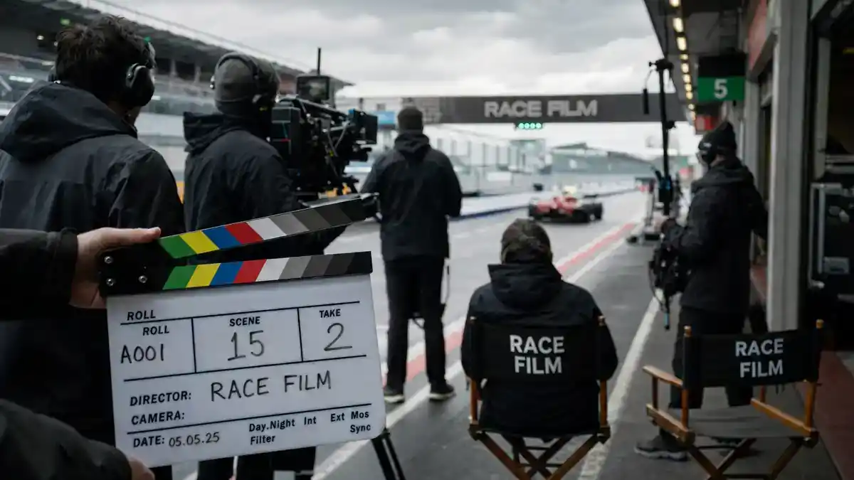 F1 movie Brad Pitt cast and racing facts — motorsport film crew on racing circuit pit lane with clapperboard and director chairs, editorial production reference