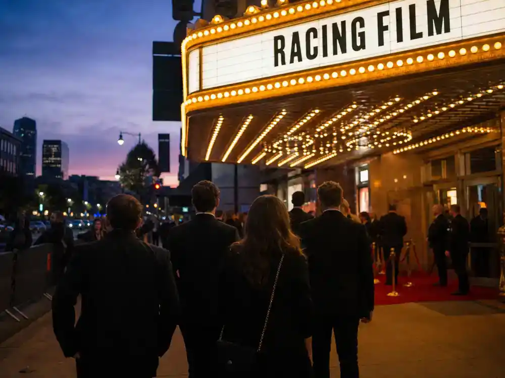 F1 movie Brad Pitt cast and racing facts release — theater marquee at dusk with ticket-buyer silhouettes at evening cinema opening weekend