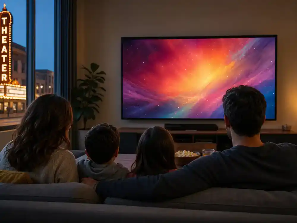 Fantastic Four First Steps cast and plot guide release — family watching blockbuster on living room TV from behind with theater marquee outside window