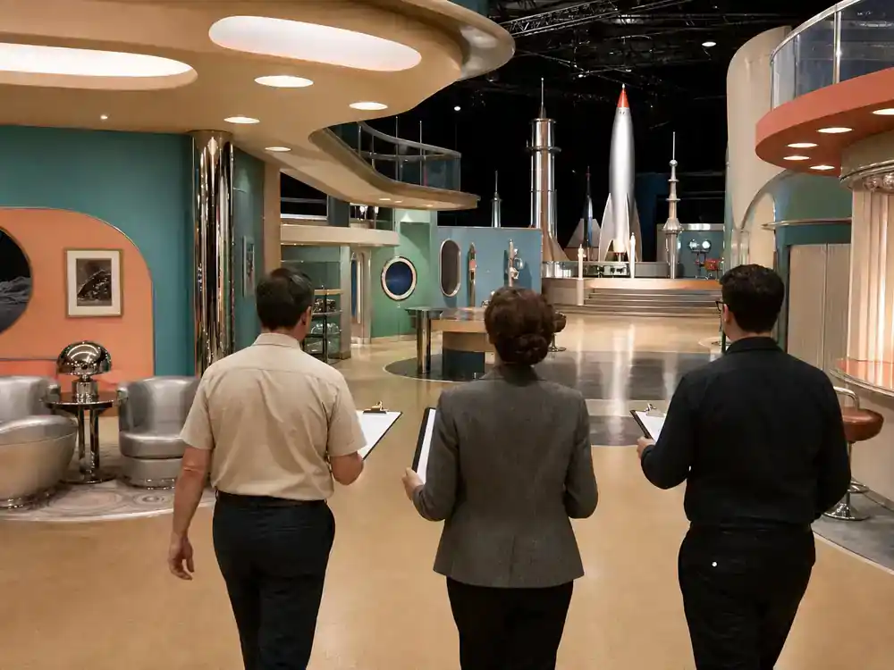 Fantastic Four First Steps cast and plot guide retro 1960s world — location scouts walk through chrome and pastel retro-futuristic film set design from behind