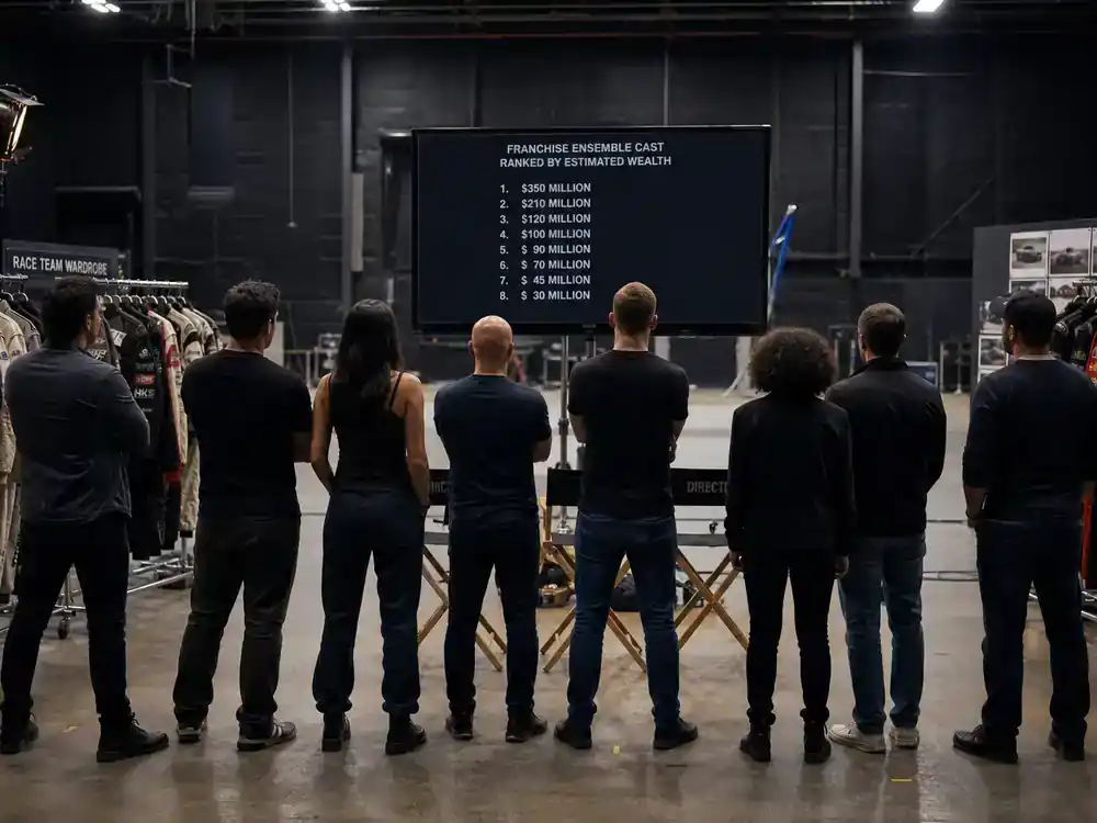 Fast and Furious cast net worth 2026 ranked ensemble — female actor silhouette from behind on car film set with crew adjusting camera rig