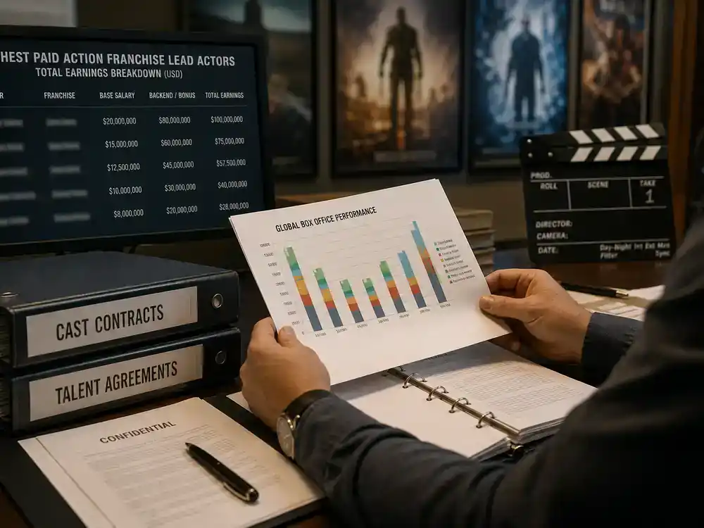 Fast and Furious cast net worth 2026 ranked Vin Diesel — production accounting office with budget spreadsheets and clapperboard on desk, franchise earnings context