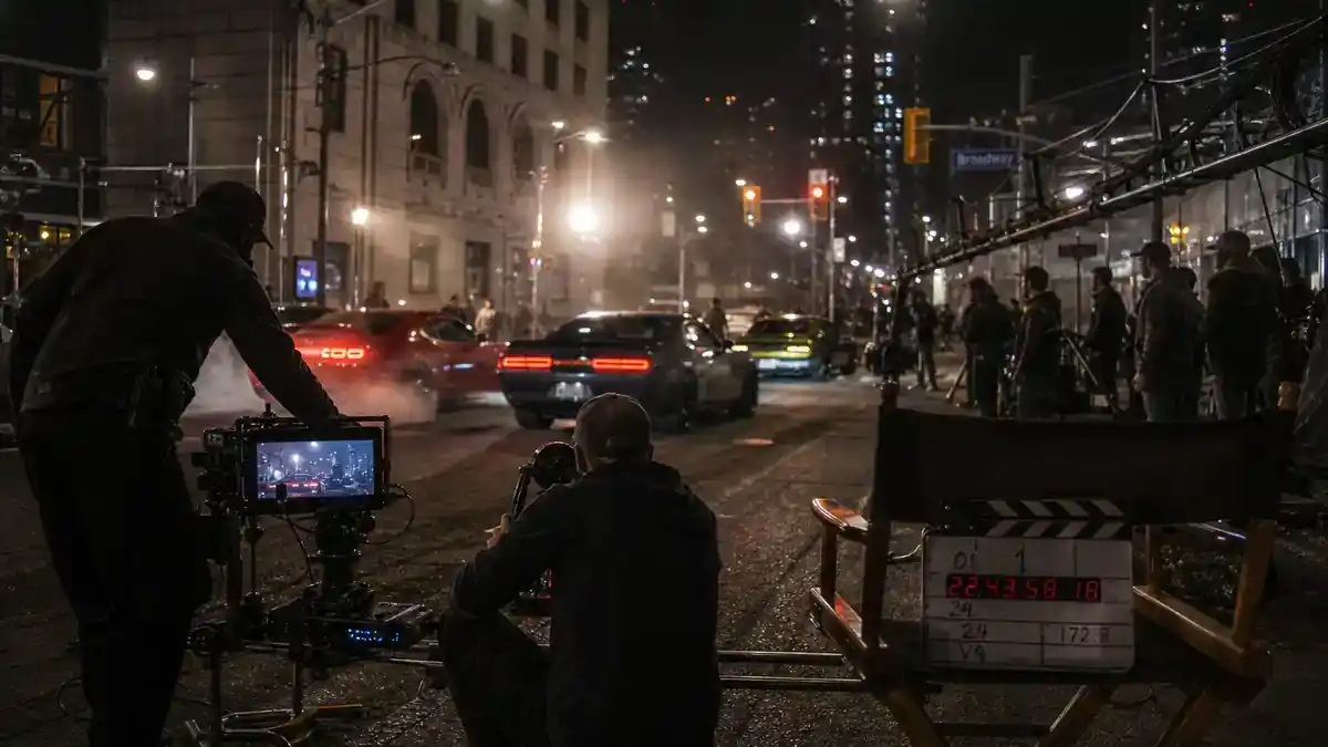 Fast and Furious movies cast order guide — night car stunt filming with crew silhouettes and generic sports cars on closed street, editorial production reference
