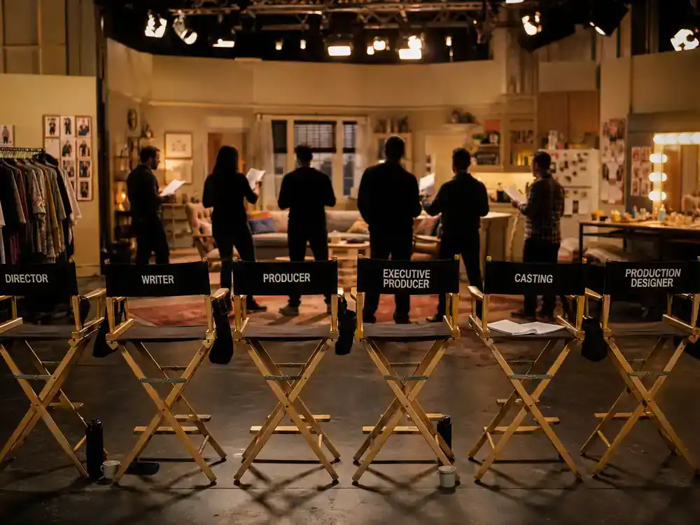 Friends cast net worth 2026 ranked ensemble — six sitcom cast silhouettes from behind on soundstage with director monitor and warm studio lights