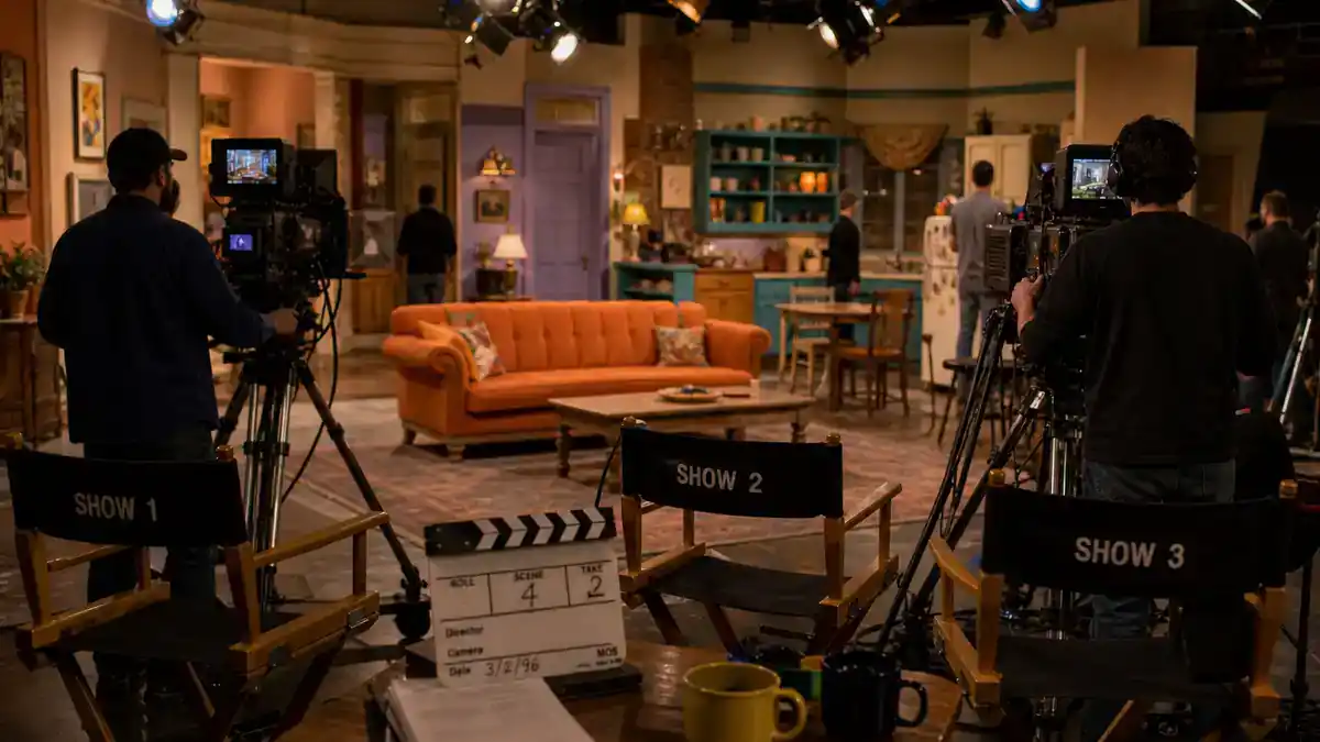 Friends cast net worth 2026 ranked — classic sitcom studio set with orange couch prop, director chairs, and clapperboard on soundstage, editorial TV production reference