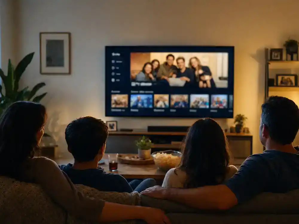 Friends cast net worth 2026 ranked streaming — family silhouettes watching sitcom reruns on living room TV from behind with generic blurred streaming interface