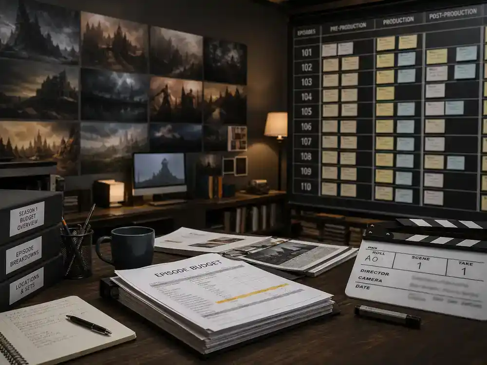 Game of Thrones cast net worth 2026 ranked HBO production — premium cable TV drama production office with fantasy epic poster wall and episode budget planning board