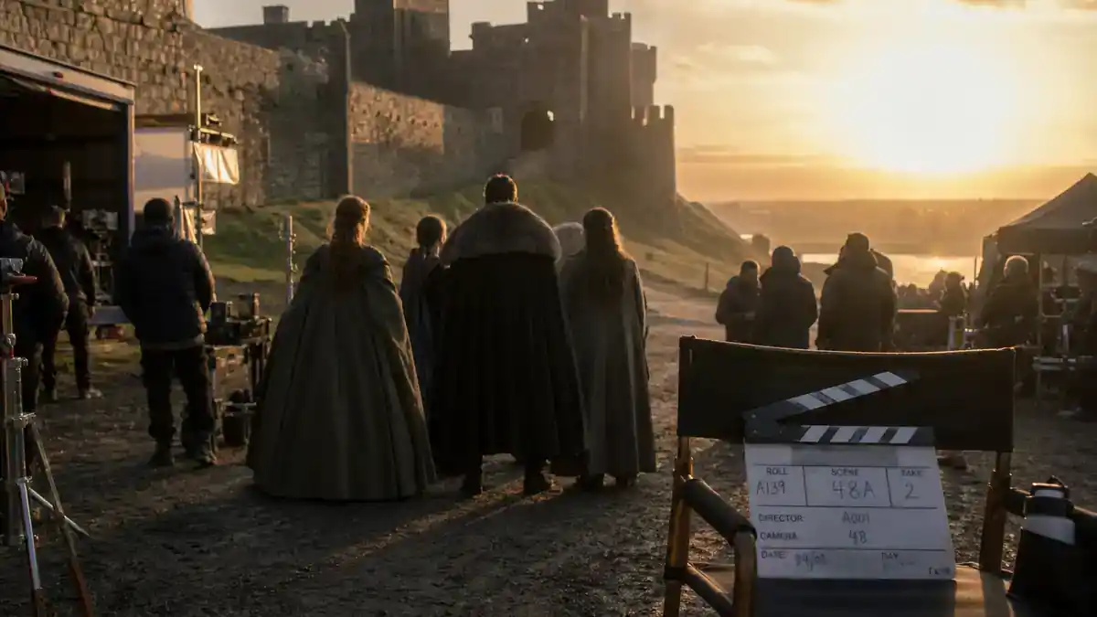 Game of Thrones cast net worth 2026 ranked — medieval fantasy epic TV drama stone castle film set with clapperboard camera crane and crew silhouettes