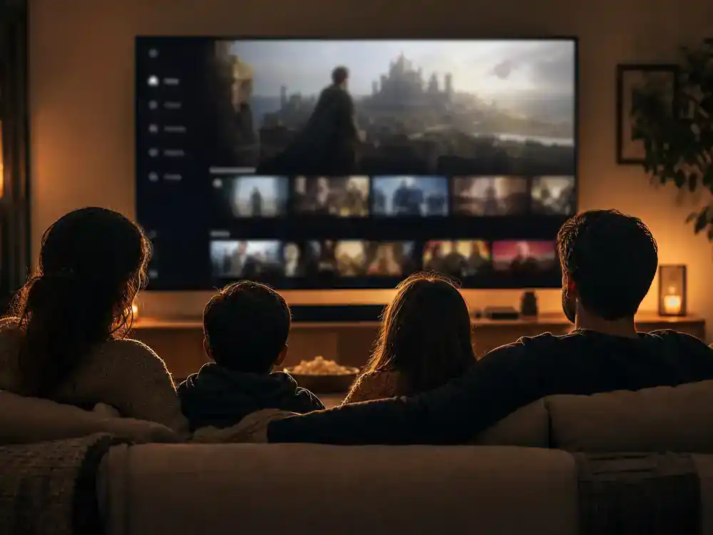 Game of Thrones cast net worth 2026 ranked streaming — family silhouettes binge-watching premium fantasy TV drama on living room flat screen with generic blurred interface