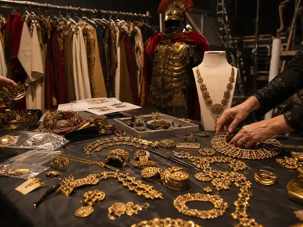 Gladiator 2 behind the scenes cast facts Denzel Washington Macrinus — ornate Roman jewelry props and golden accessories on costume table for fitting
