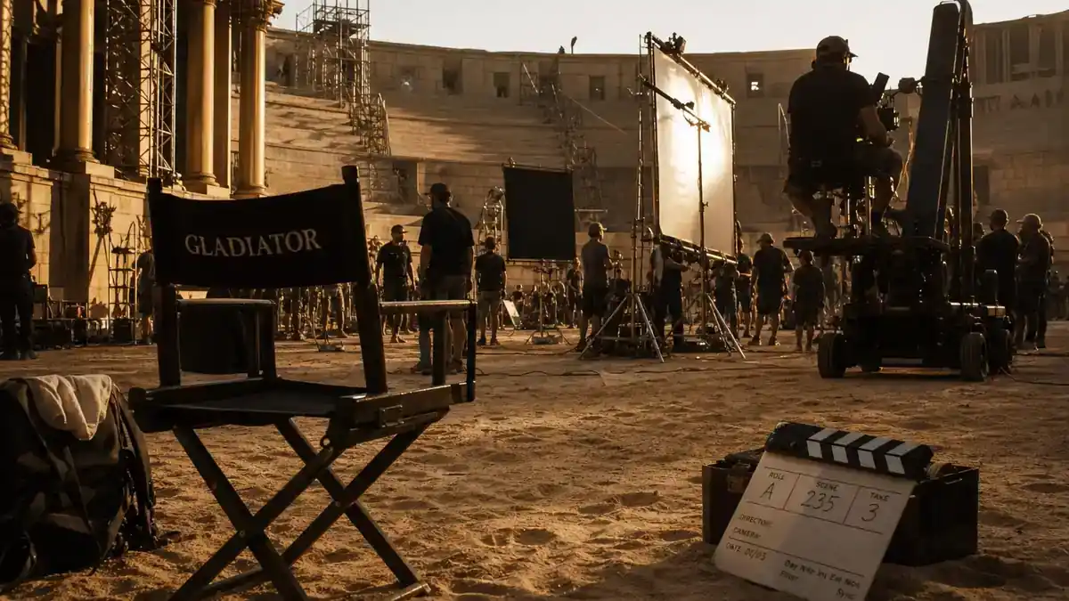 Gladiator 2 behind the scenes cast facts — epic Roman film crew on amphitheater set with clapperboard and director chairs, editorial production reference