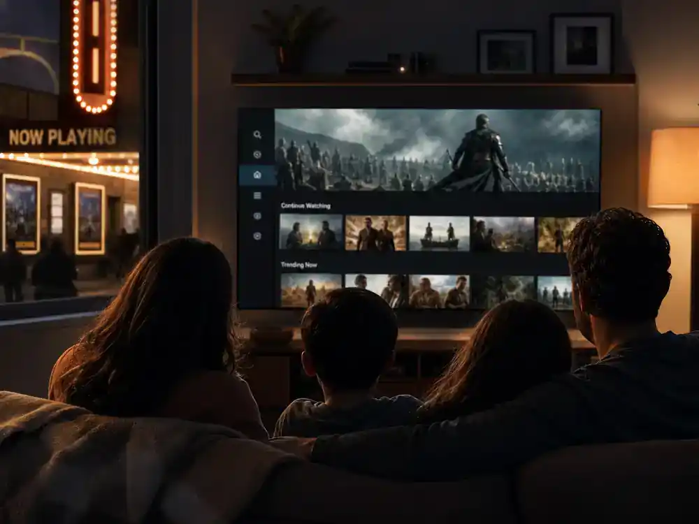 Gladiator 2 behind the scenes cast facts November 2024 release — family watching historical epic on living room TV from behind with theater marquee outside
