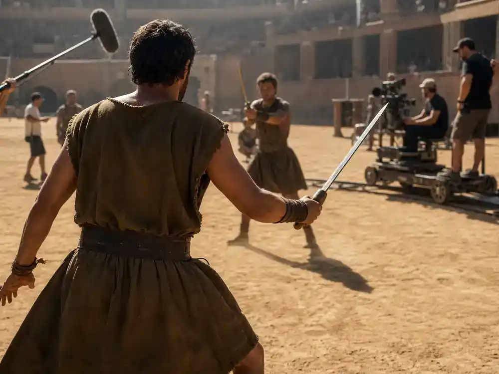 Gladiator 2 behind the scenes cast facts Paul Mescal Lucius — actor silhouette rehearsing sword work on amphitheater sand with crew and camera dolly