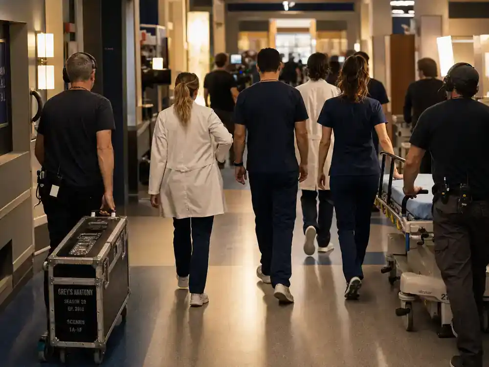 Grey's Anatomy cast net worth 2026 ranked ensemble — hospital TV drama cast silhouettes from behind walking toward soundstage entrance at dawn with director chairs
