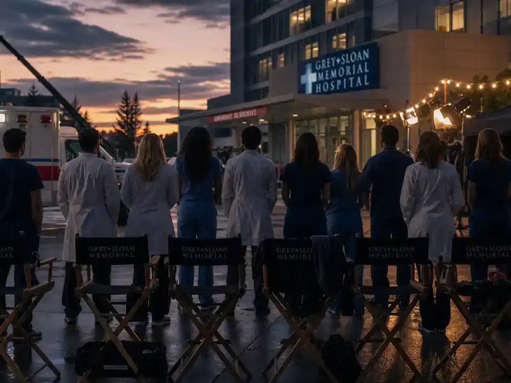 Grey's Anatomy cast net worth 2026 ranked ensemble — full medical drama cast silhouettes on hospital exterior location with director chairs at golden hour