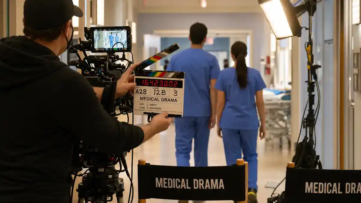 Grey's Anatomy cast net worth 2026 ranked — hospital TV drama surgical set film production with clapperboard camera crane and crew silhouettes under OR lights
