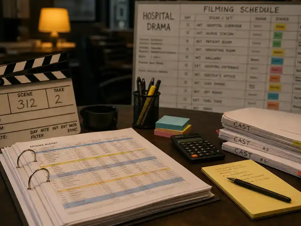 Grey's Anatomy cast net worth 2026 ranked earnings — producer silhouette reviewing contracts at director chair on hospital drama soundstage