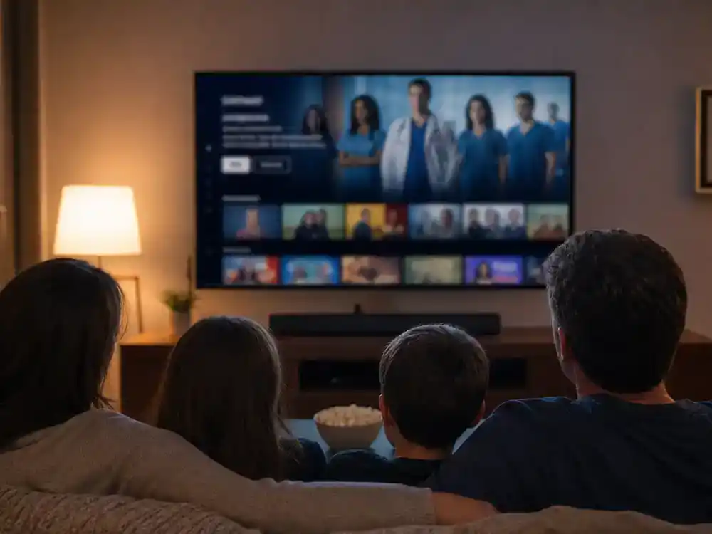 Grey's Anatomy cast net worth 2026 ranked streaming — family silhouettes watching hospital TV drama on living room flat screen with generic blurred streaming interface