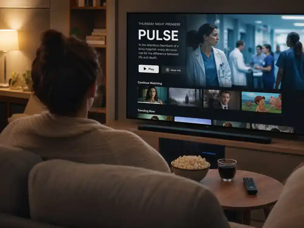 Grey's Anatomy season 22 cast and returning stars ABC Hulu release — viewer from behind on couch watching network medical drama on living room TV during Thursday premiere night