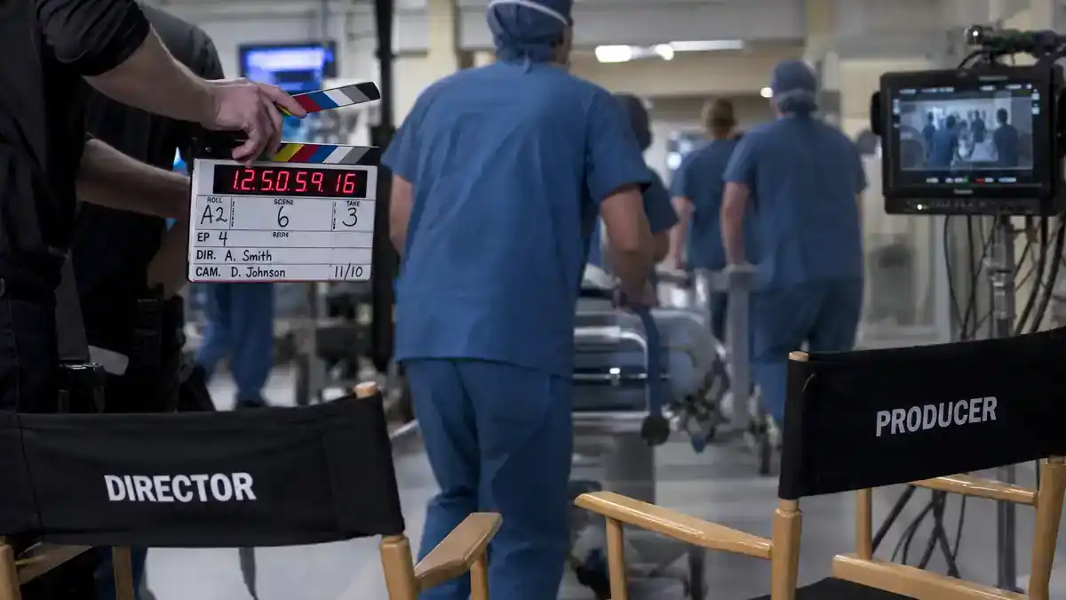 Grey's Anatomy season 22 cast and returning stars — hospital TV drama crew on corridor set with clapperboard and director chairs, editorial production reference
