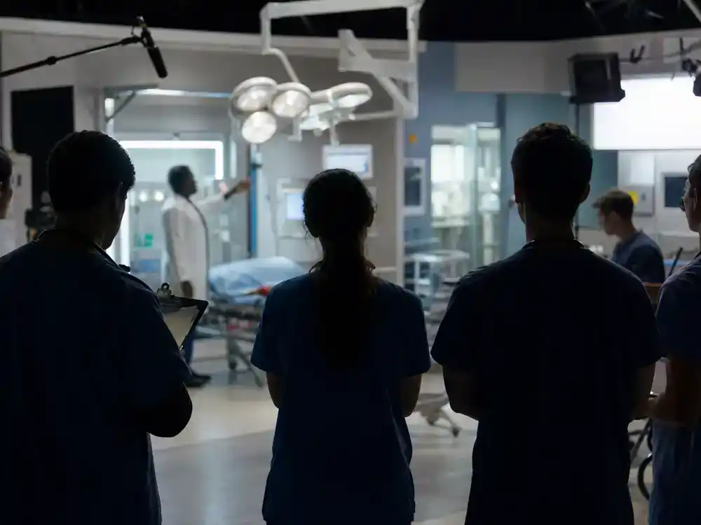 Grey's Anatomy season 22 cast and returning stars intern residents — young medical actor silhouettes rehearsing on hospital set with stethoscopes and clipboards
