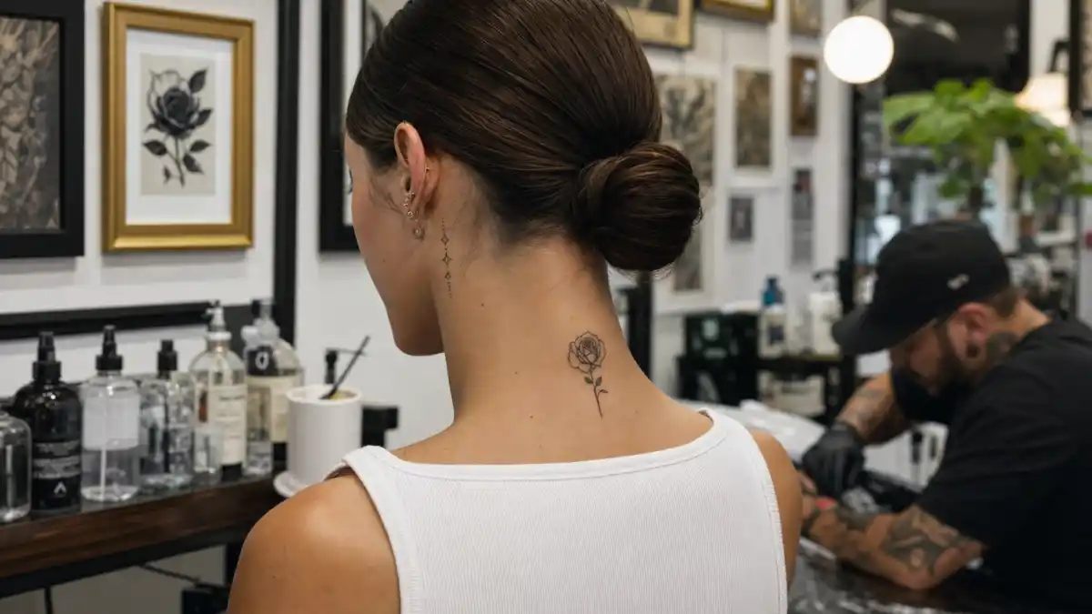 Hailey Bieber tattoos and their meanings — model with sleek brown hair from behind at tattoo studio showing fine-line rose neck tattoo and diamond ear ink