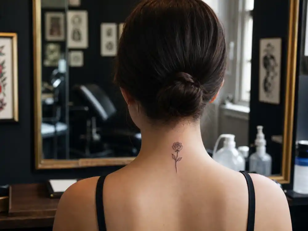 Hailey Bieber tattoos and their meanings neck rose — delicate fine-line rose tattoo on back of neck over-shoulder view with sleek brown hair