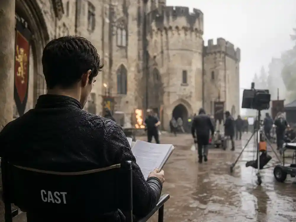 Harry Potter cast net worth 2026 ranked Daniel Radcliffe — lead actor silhouette from behind on director chair reviewing script on castle film set