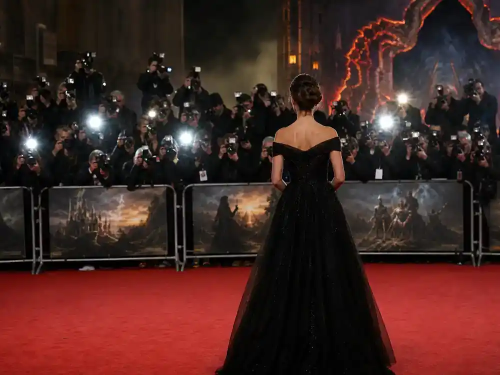 Harry Potter cast net worth 2026 ranked Emma Watson — actress silhouette from behind on premiere red carpet facing press photographers