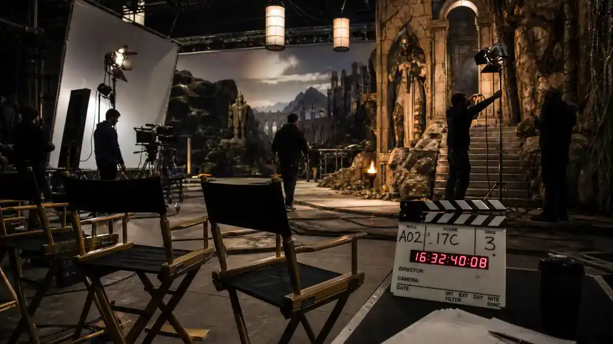 Harry Potter cast net worth 2026 ranked — fantasy franchise soundstage with director chairs, clapperboard, and crew silhouettes on blockbuster film production set