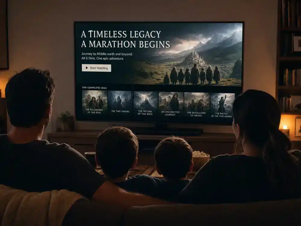 Harry Potter cast net worth 2026 ranked streaming legacy — family silhouettes from behind watching fantasy franchise marathon on living room TV