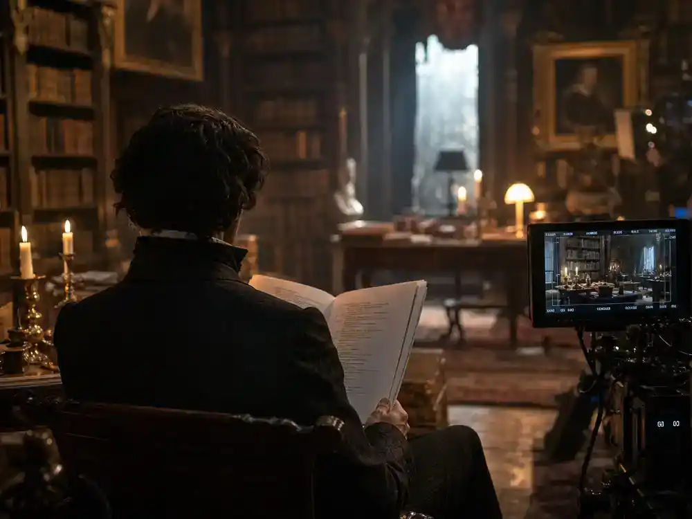 Harry Potter Fantastic Beasts cast guide Dumbledore — distinguished actor silhouette from behind reviewing script on ornate library film set with candle props