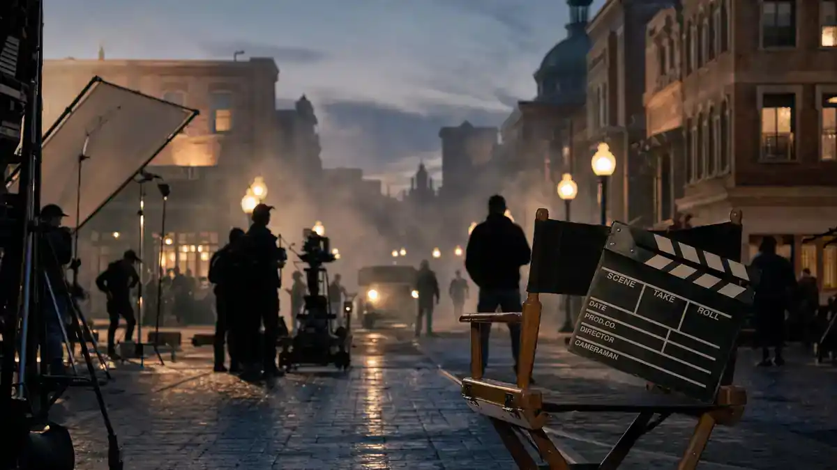 Harry Potter Fantastic Beasts cast guide — vintage 1920s fantasy film street set at dusk with production trucks, clapperboard, and director chairs, editorial wizarding franchise reference