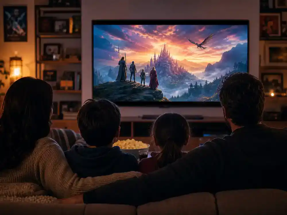Harry Potter Fantastic Beasts cast guide wizarding world — family silhouettes watching fantasy adventure film on living room TV from behind, binge-watch reference