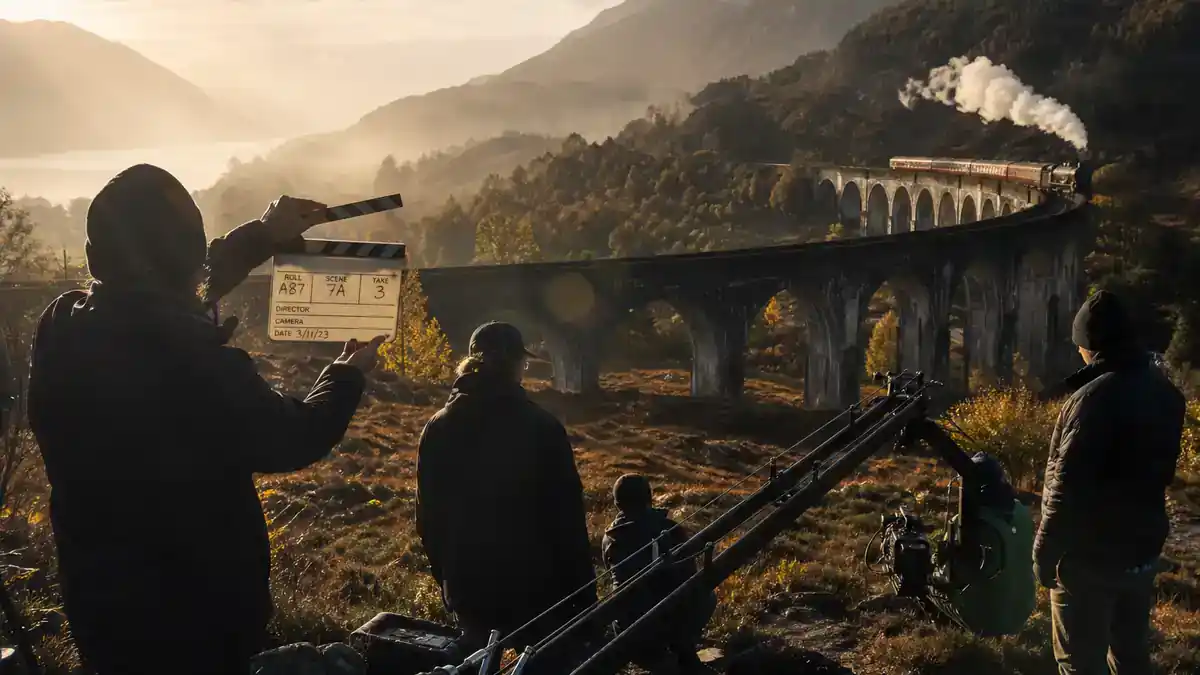Harry Potter filming locations in Scotland guide — Scottish Highlands viaduct film location with crew silhouettes clapperboard and camera crane at golden hour editorial production reference