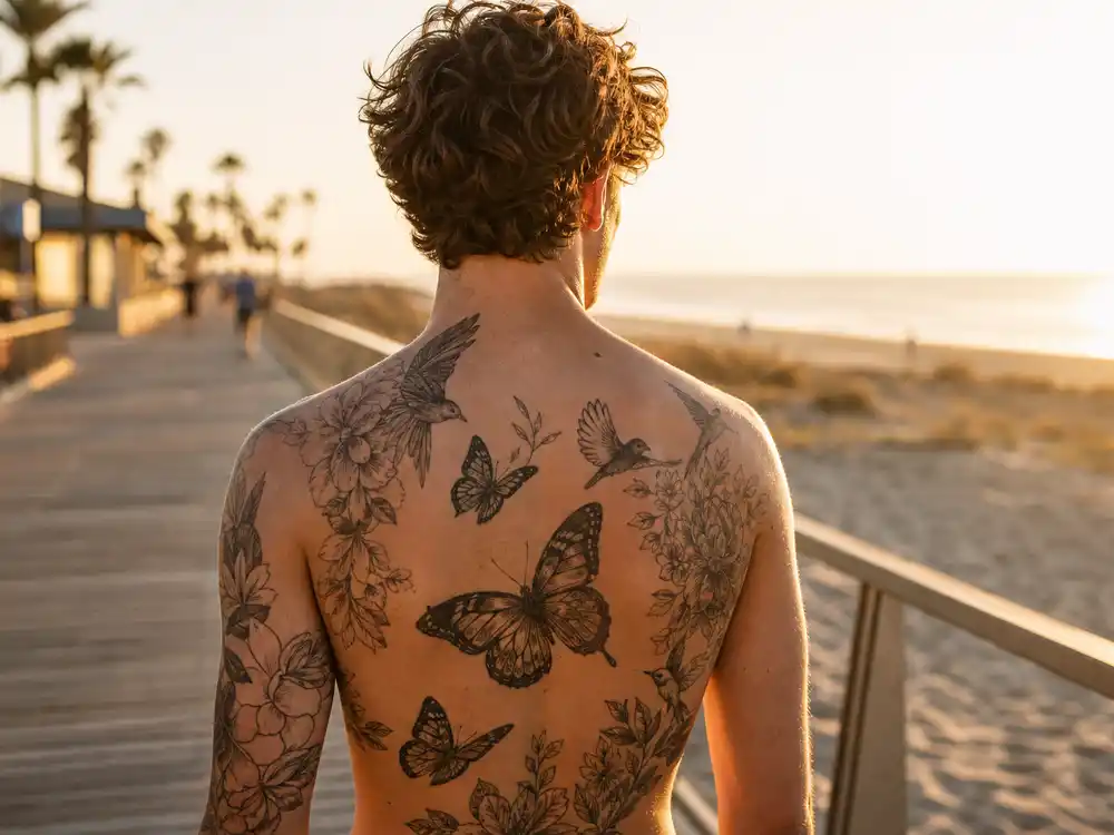 Harry Styles tattoo collection guide back tattoos — shirtless back view showing butterfly bird and floral blackwork across shoulder blades at boardwalk