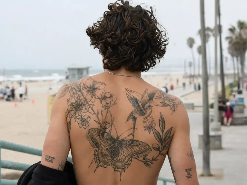 Harry Styles tattoos and their meanings back tattoos — shirtless back view showing butterfly bird and floral blackwork across shoulder blades at boardwalk