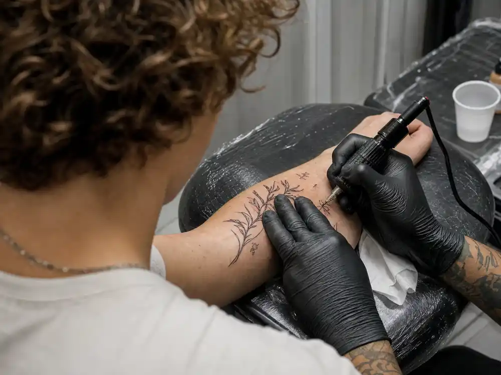 Harry Styles tattoos and their meanings studio session — tattoo artist gloved hands applying ink to forearm of curly-haired client over-shoulder angle
