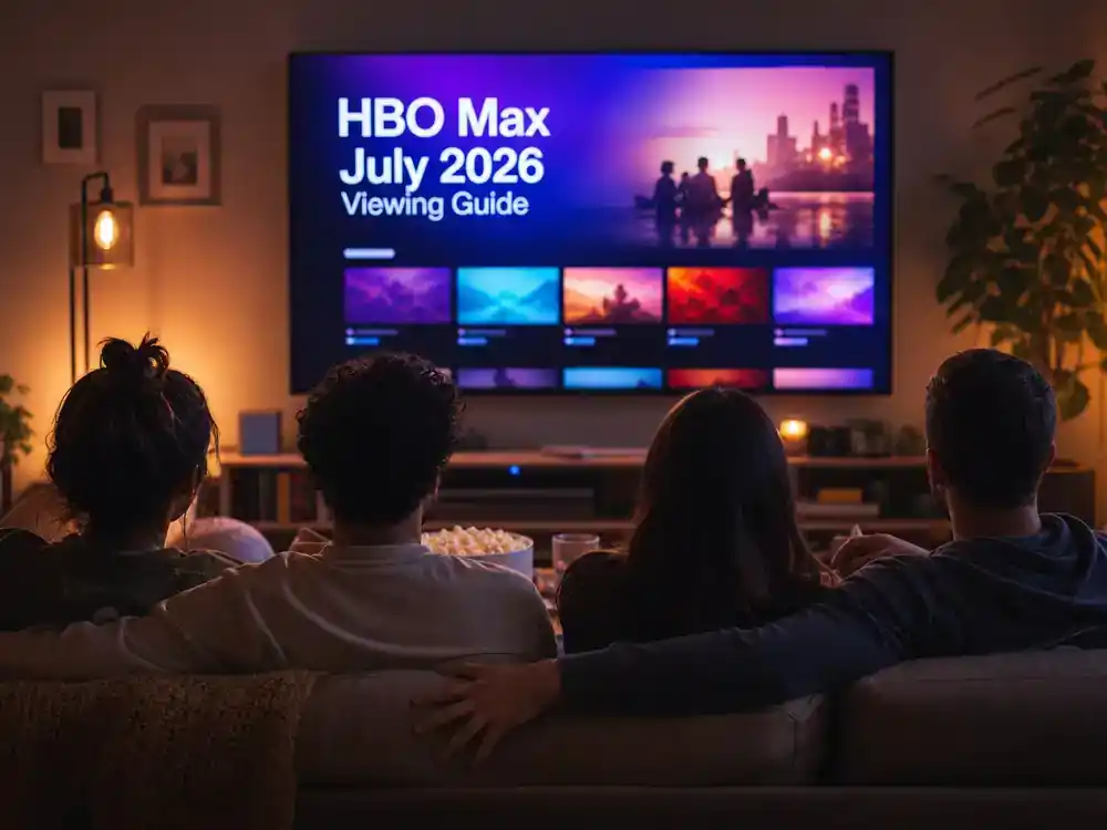 HBO Max new series July 2026 guide binge watch — friends on couch from behind facing TV with generic streaming interface glow in living room