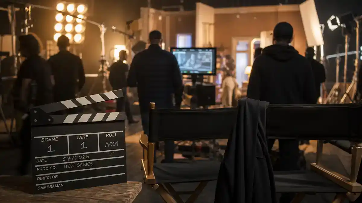 HBO Max new series July 2026 guide — TV streaming production soundstage with clapperboard, director chairs, and crew silhouettes at dawn, editorial reference