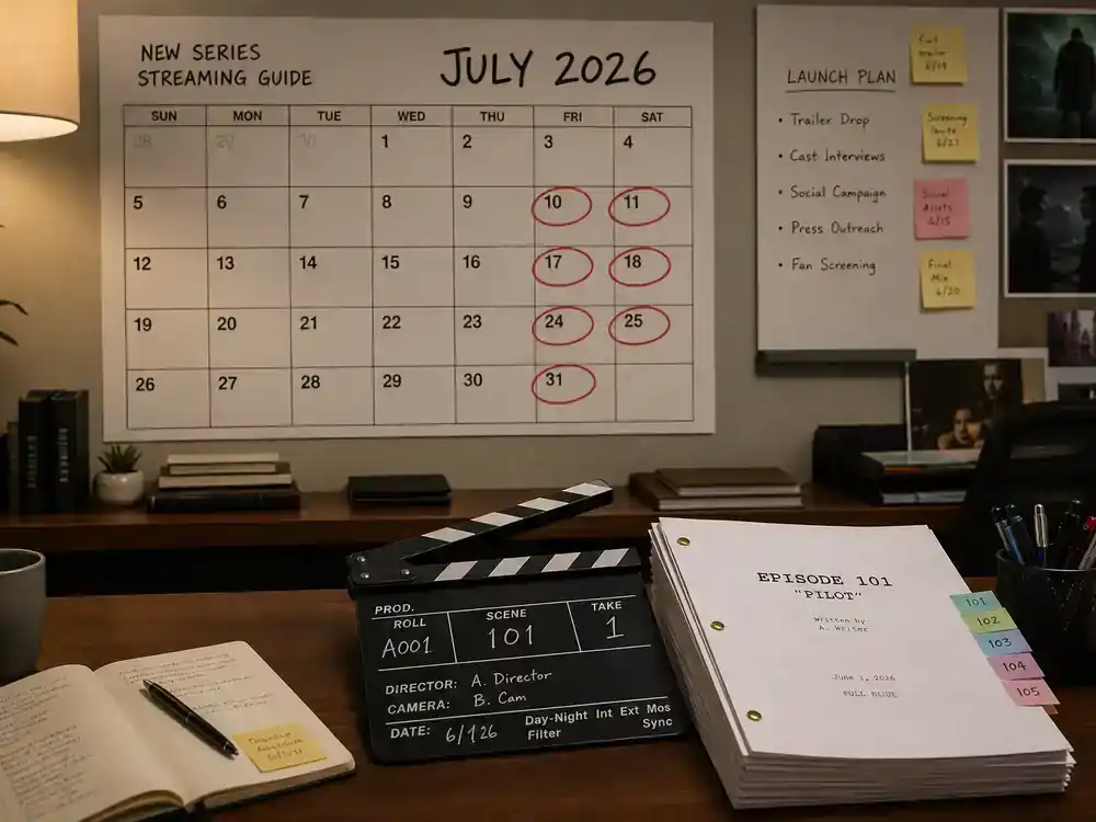 HBO Max new series July 2026 guide Max Originals — streaming production office with July release calendar circled dates and episode scripts on desk