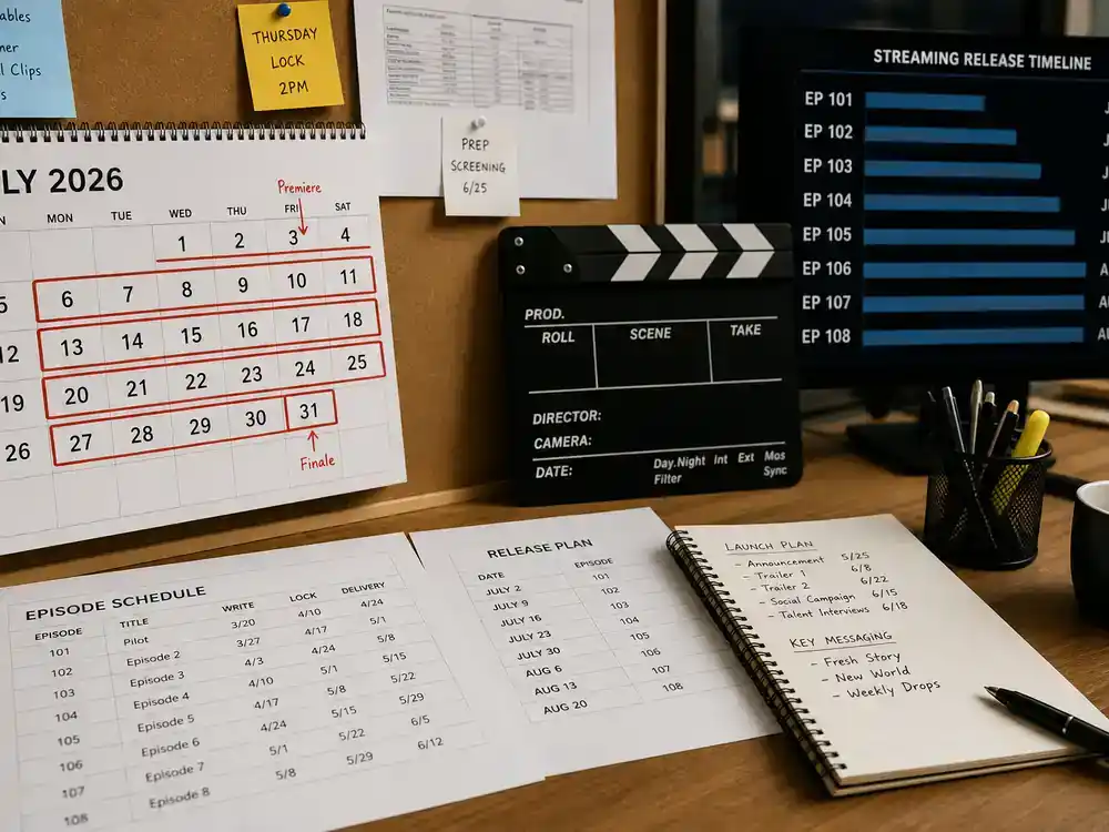 HBO Max new series July 2026 guide release calendar — production office wall calendar with July premiere dates highlighted and clapperboard