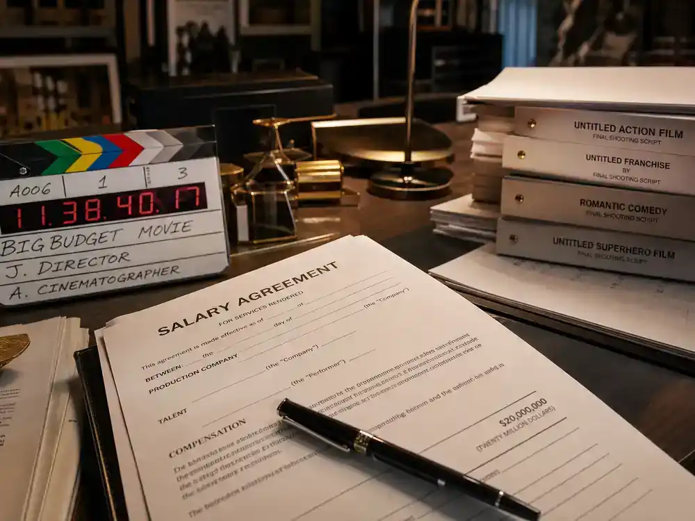 highest paid actors in Hollywood 2026 ranked salaries — production office desk with film contracts and clapperboard, blockbuster deal context