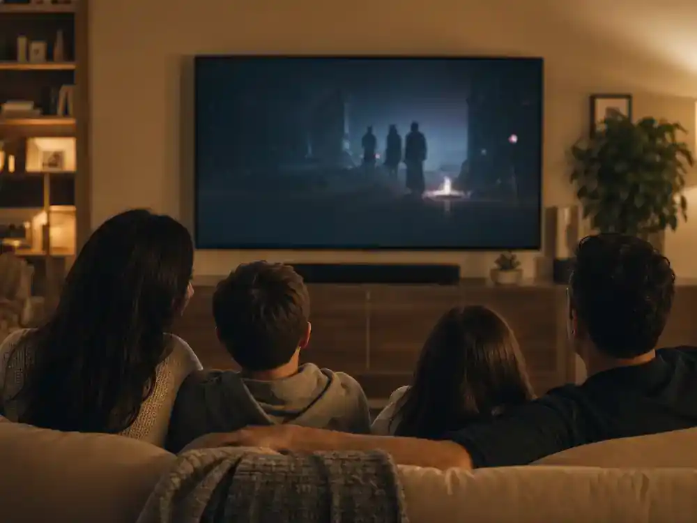 highest paid actors in Hollywood 2026 ranked streaming deals — family watching blockbuster on living room TV from behind, Netflix-era viewing context