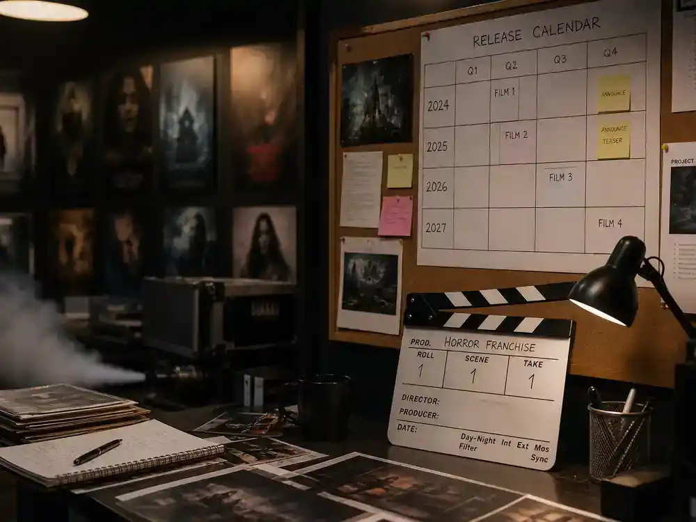 Horror franchise sequels 2026 cast guide Conjuring universe — supernatural horror production office with generic poster wall and release calendar planning