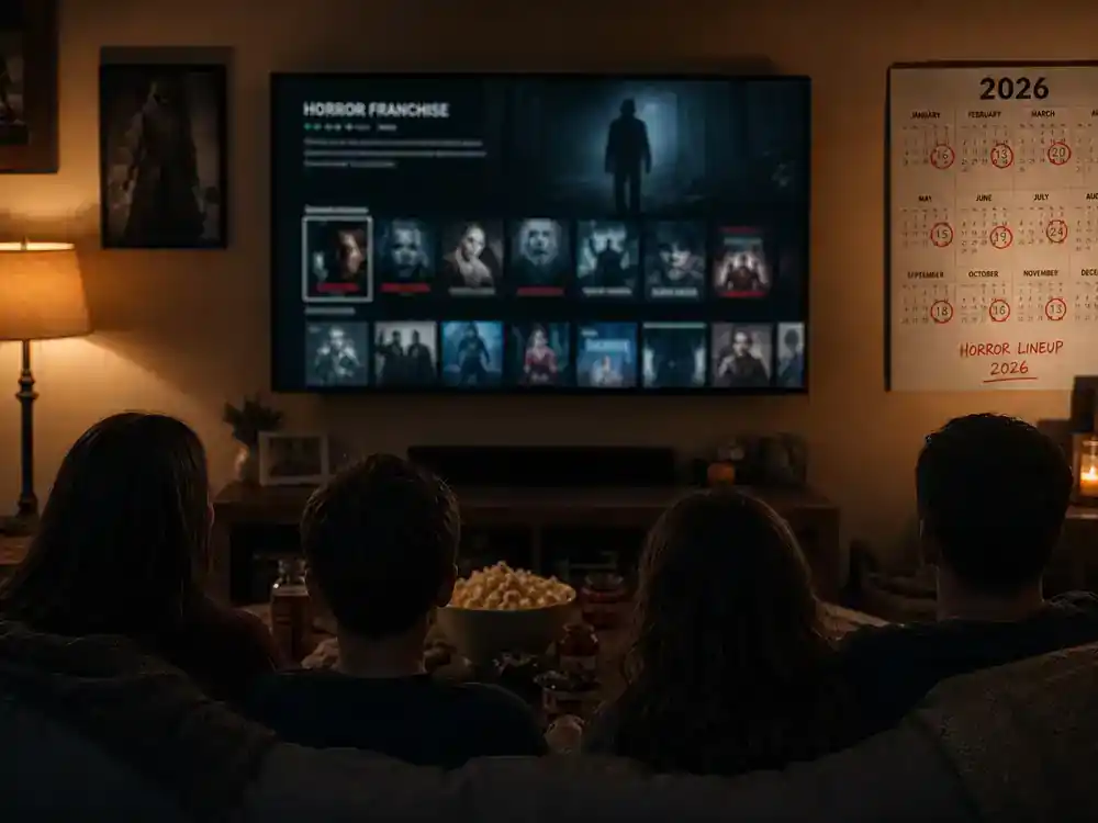 Horror franchise sequels 2026 cast guide release calendar — family silhouettes watching horror movie on TV with 2026 calendar dates circled on wall