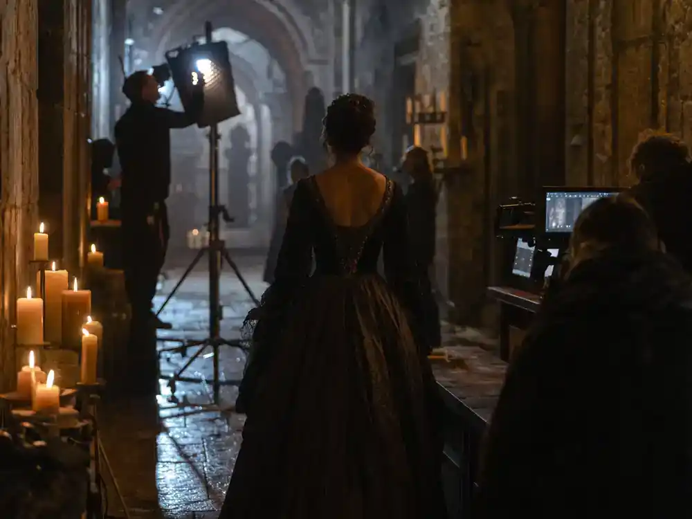 House of the Dragon season 3 cast guide Alicent — actress silhouette from behind in medieval gown on castle corridor film set with candlelight