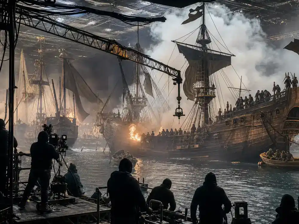 House of the Dragon season 3 cast guide Battle of the Gullet — naval battle film set with wooden ships and crew silhouettes on water tank stage