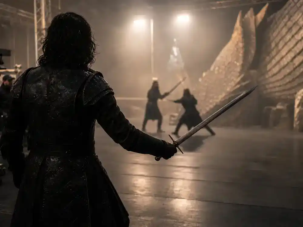 House of the Dragon season 3 cast guide Daemon — actor silhouette from behind rehearsing sword choreography on foggy fantasy soundstage